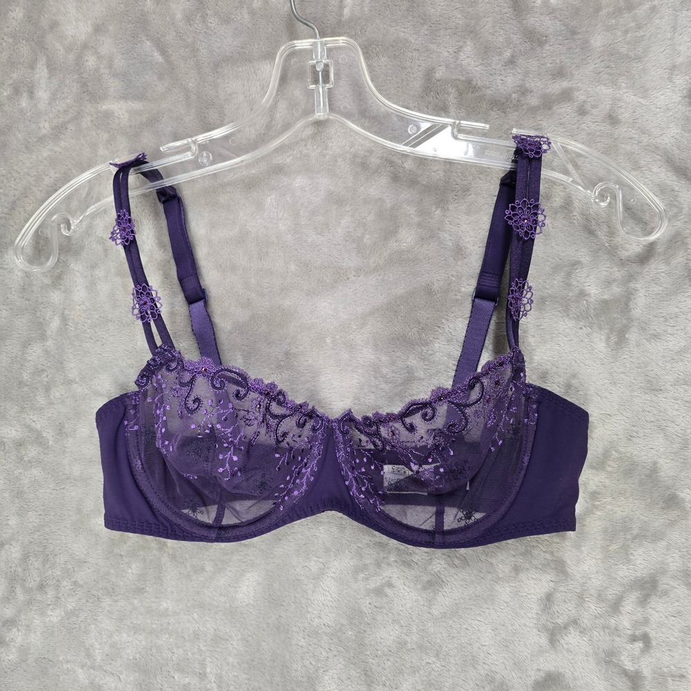 Simone Perele Bra Womens 36C Purple Embroidered Sheer Mesh Underwire Coquette